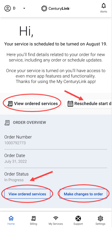 screenshot from app showing home screen for a new customer and the tools available before installation